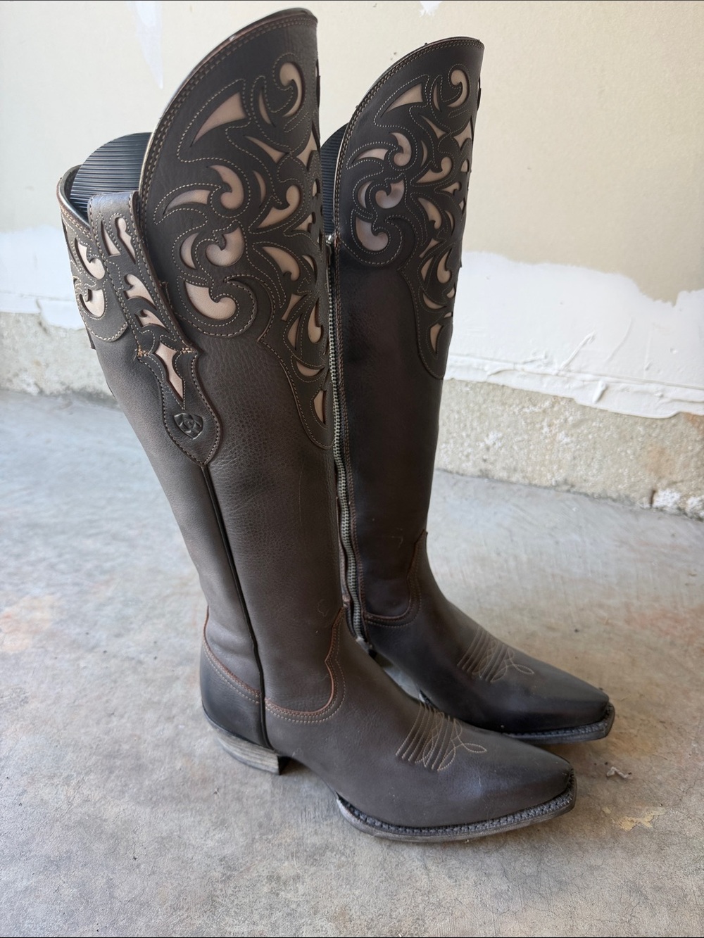 Ariat Dark Brown Leather Over-the-Knee Western Boots with Tan Cutouts